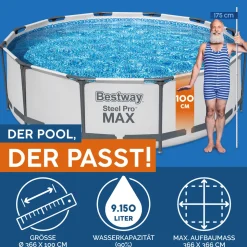 Steel Pro Max Frame-Pool-Set mit Filterpumpe Durchmesser 366 x 100 cm grau ^ Bestway Clearance