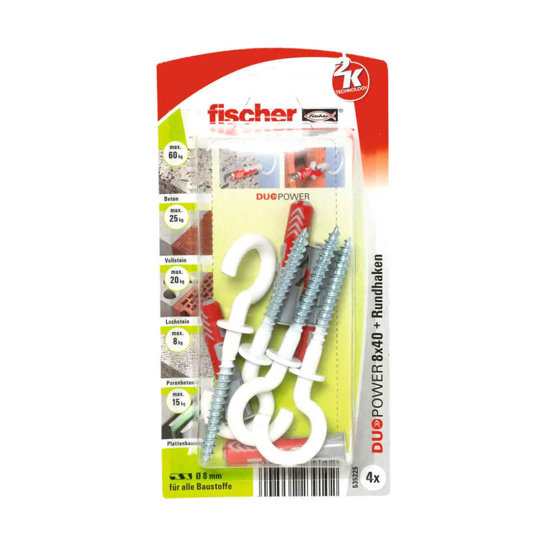 Dübel DuoPower 8 x 40 mm mit Rundhaken nylonbeschichtet weiß 4 Stück ^ Fischer New