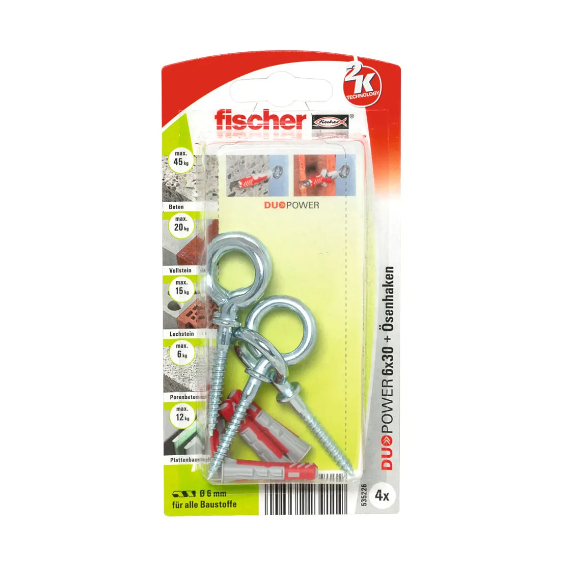 Dübel DuoPower x 30 mm mit Ösenhaken 4 Stück ^ Fischer Best