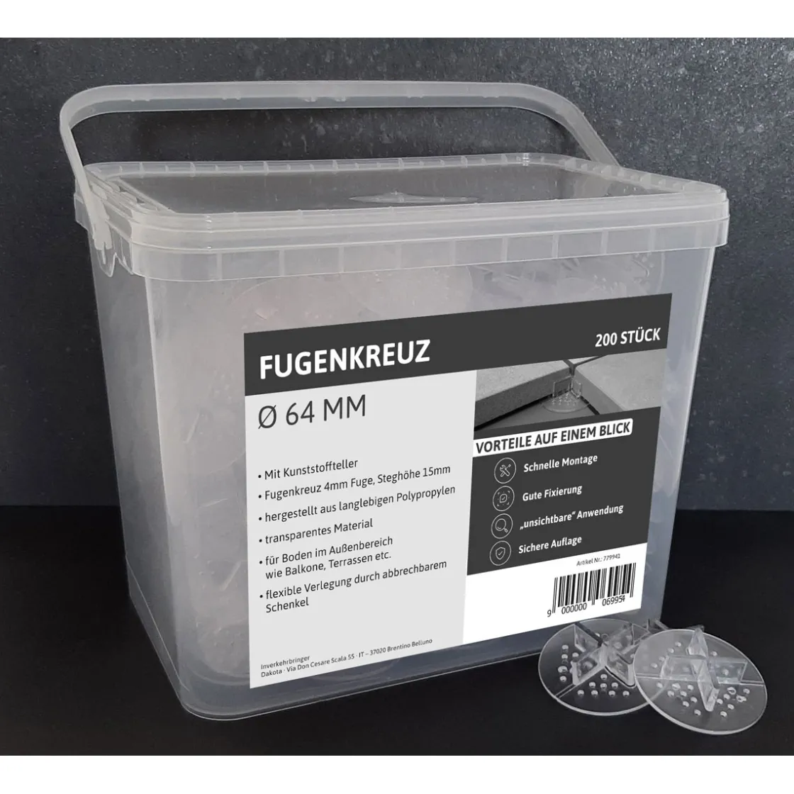Fugenkreuz fugenbr. 4mm , steghoehe 15mmmit kunststoffteller Dm.64mm,KT=200 St ^ Online