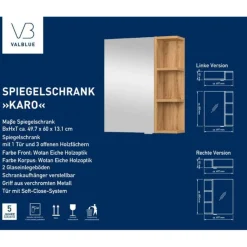 Gäste Spiegelschrank Karo Wotan Eiche, 1 Tür, 4 offene Fächer, 2 Glaseinlegeböden, B50cm ^ Clearance