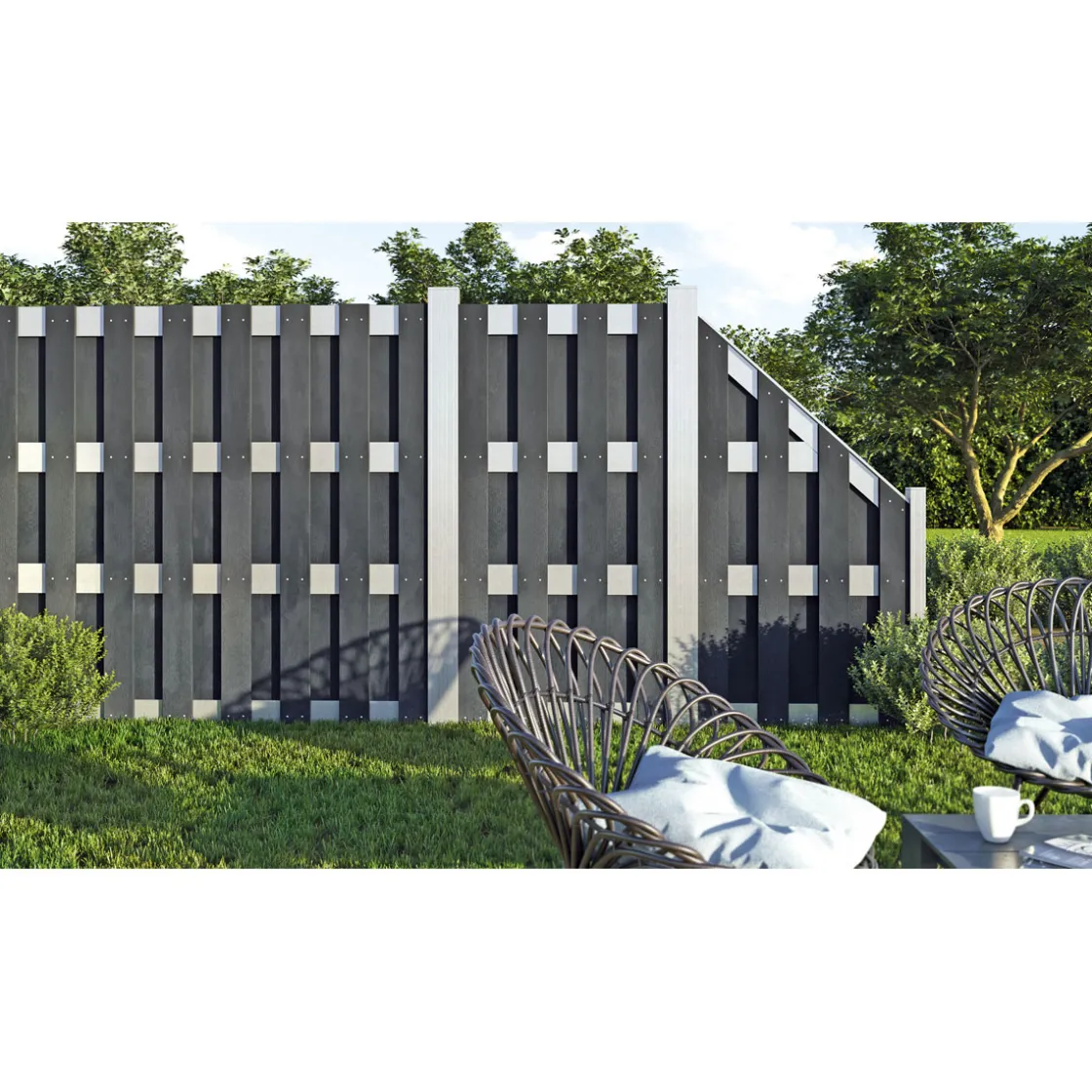 Zaun-Grundelement WPC/Alu 180 x 180 cm anthrazit/silber ^ Hartmann Outlet