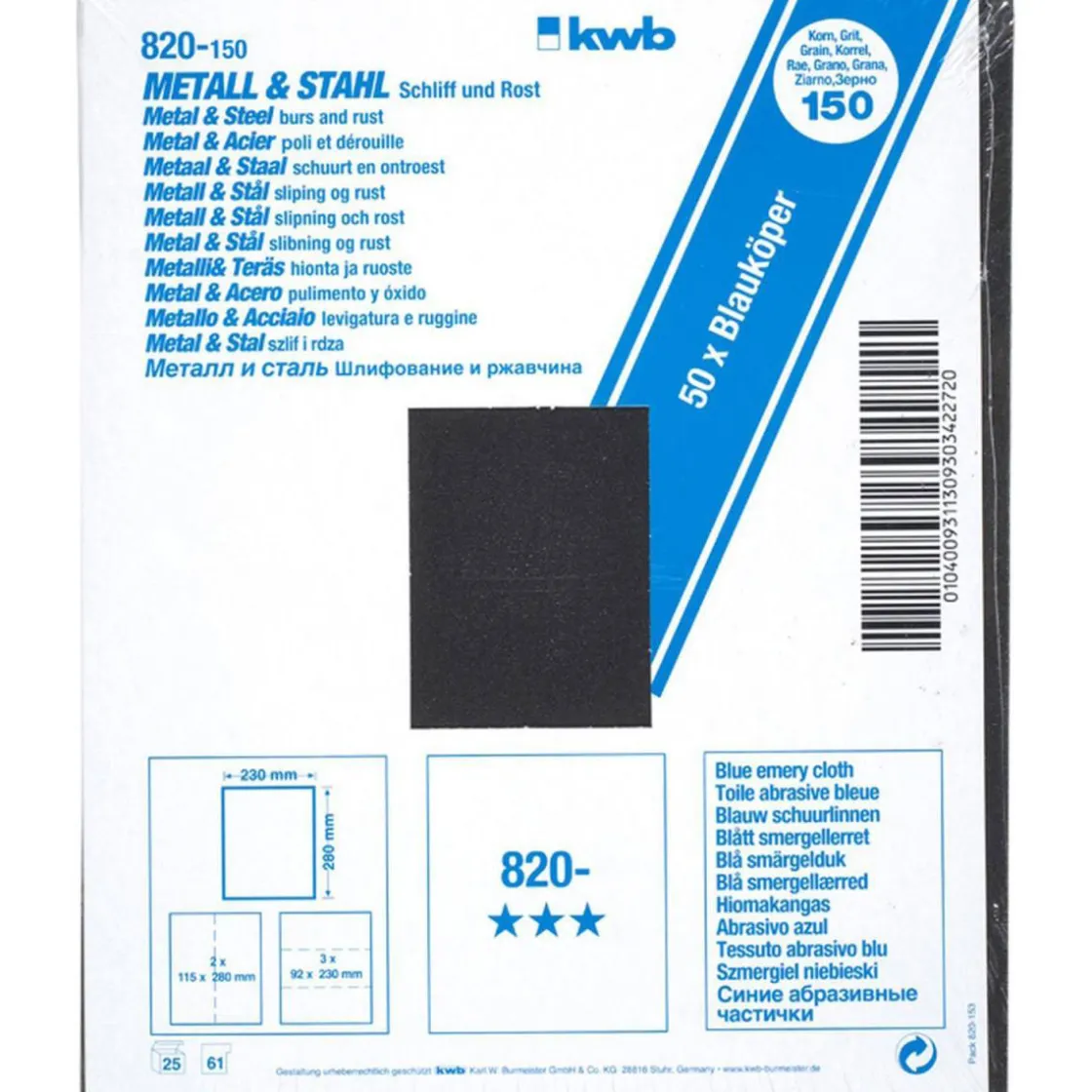 Schleifgewebe Metall und Stahl Blauköper 230 x 280 mm K150 ^ kwb Outlet