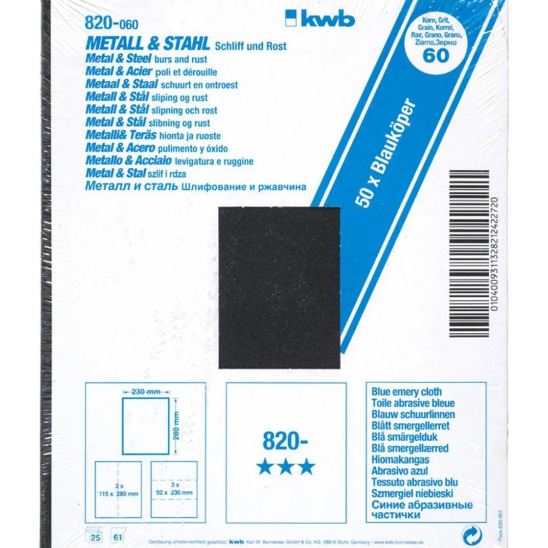Schleifgewebe Metall und Stahl Blauköper 230 x 280 mm K60 ^ kwb Hot