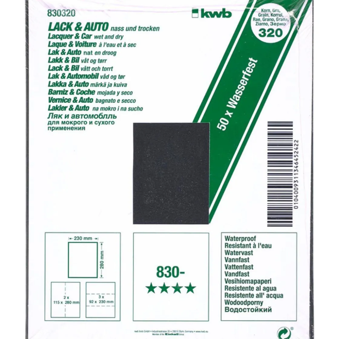 Schleifpapier Lack und Auto wasserfest 230 x 280 mm K320 ^ kwb