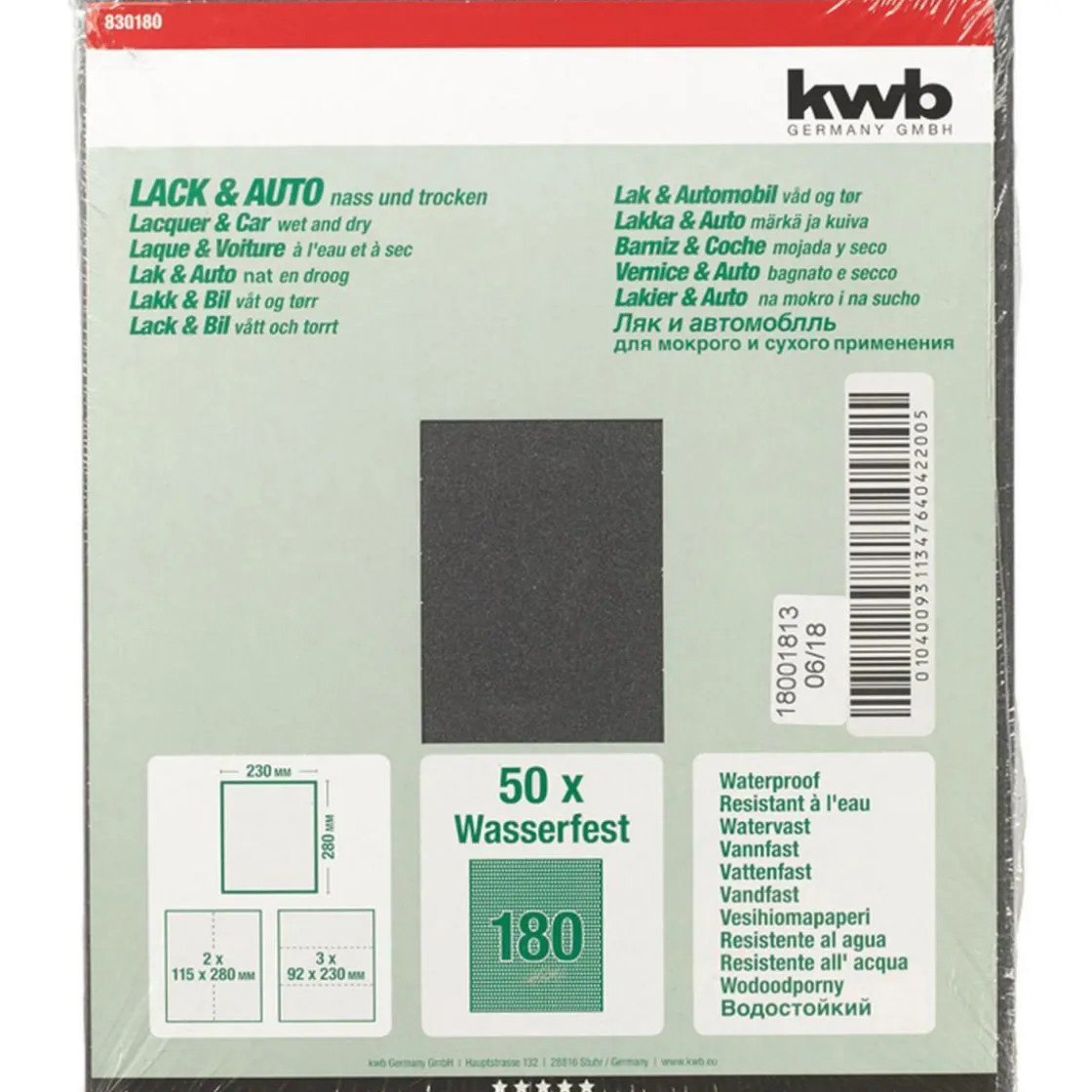 Schleifpapier Lack und Auto wasserfest 230 x 280 mm K180 ^ kwb Outlet