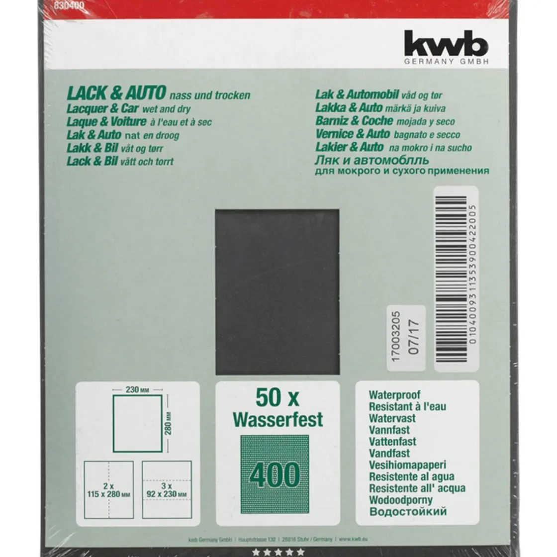 Schleifpapier Lack und Auto wasserfest 230 x 280 mm K400 ^ kwb Best