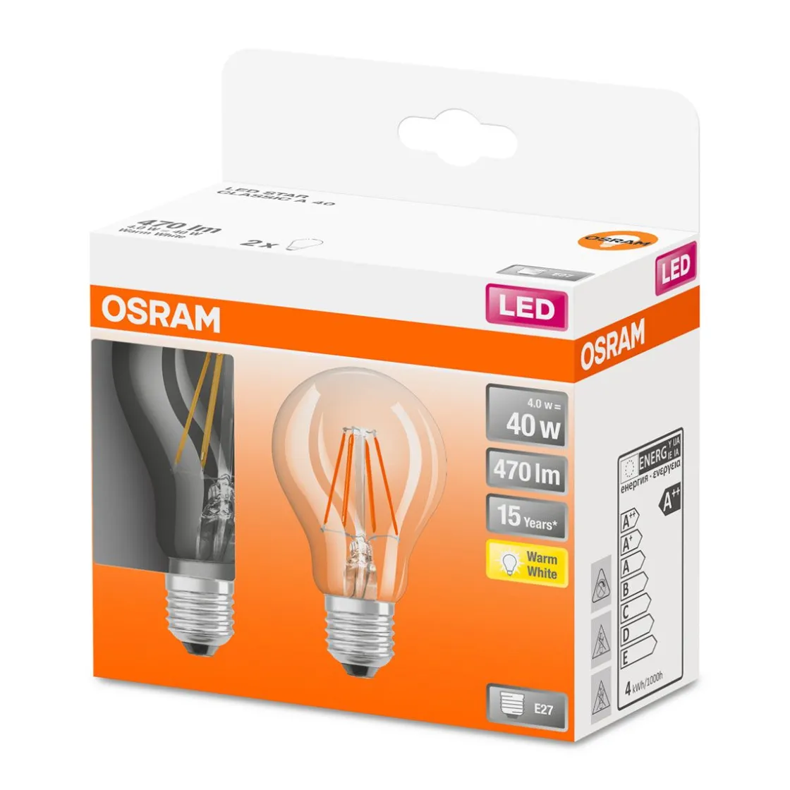 LED Gluehlampe E27 470lm 2.700K 40WErsatz warmweiss Filament klar 2er Pack ^ Osram Hot