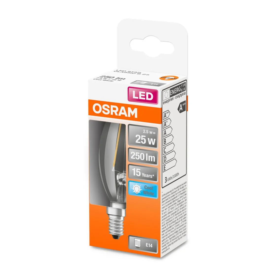 LED Kerze E14 250lm 4.000K25 W Ersatz kaltweiss Filament klar ^ Osram Sale