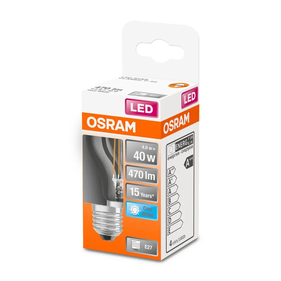 LED Tropfen E27 470lm 4.000K 40 WErsatz kaltweiss Filament klar ^ Osram New