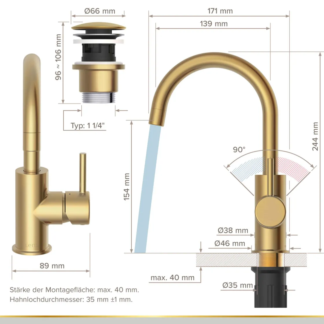 Waschtischarmatur Moana Easy-Clean Gold ^ LENZ Hot