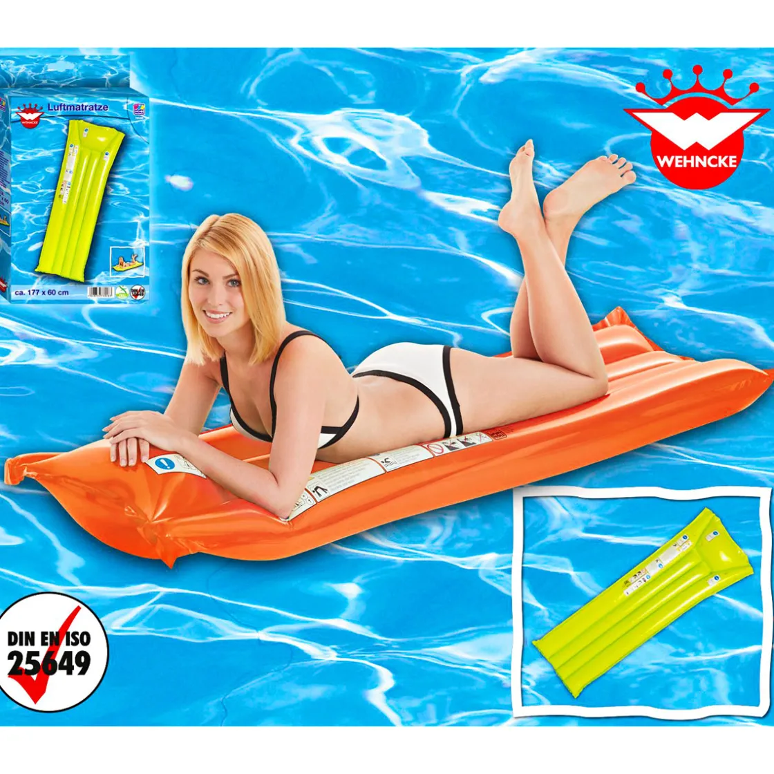 Luftmatratze 2 Luftkammern 177 x 60 cm sortiert orange oder grün ^