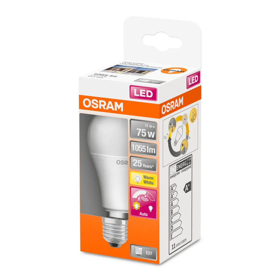 LED-Leuchtmittel E27 warmweiß 75W Bewegungssensor ^ Osram Sale
