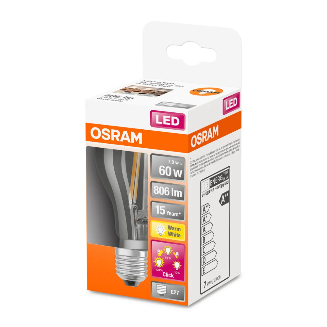LED-Leuchtmittel E27 warmweiß 60W dimmbar Klicksystem ^ Osram Hot