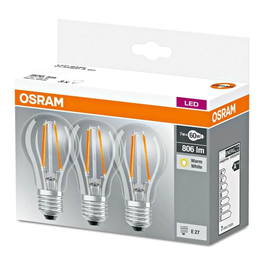 LED-Leuchtmittel-Set Base Classic A 7W klar 3 Stück ^ Osram Discount
