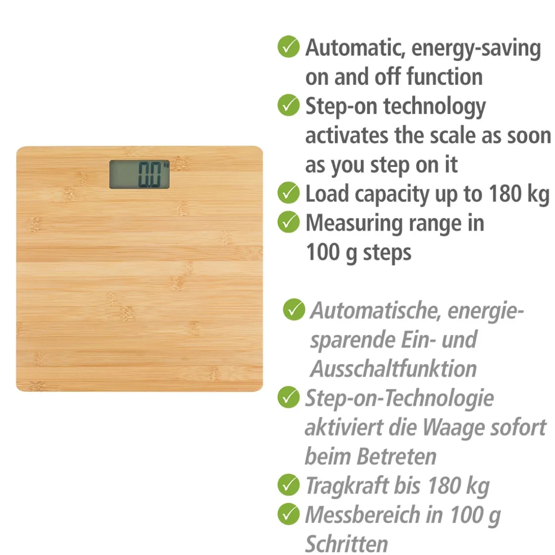 Personenwaage Bambus LCD 30x30 cm braun ^ Wenko