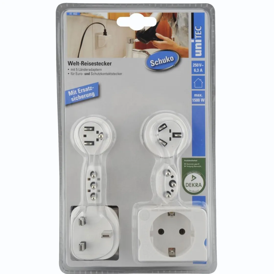 Reisestecker Welt mit Zusatzsicherung ^ New