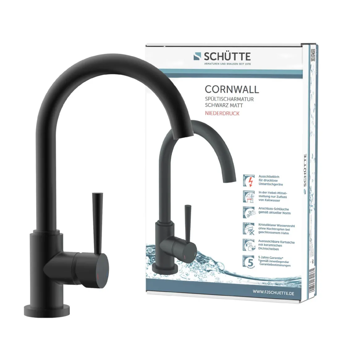 Spültischarmatur Cornwall Niederdruck schwarz matt ^ Schütte New