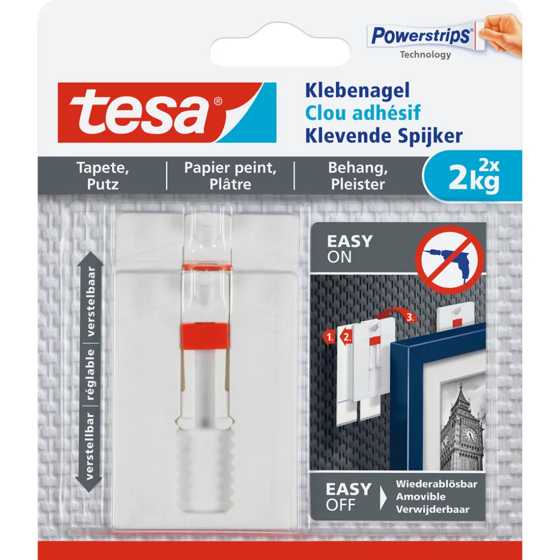 Klebenagel für Tapete und Putz verstellbar 2 Stück Traglast 2 x 2 kg ^ Tesa