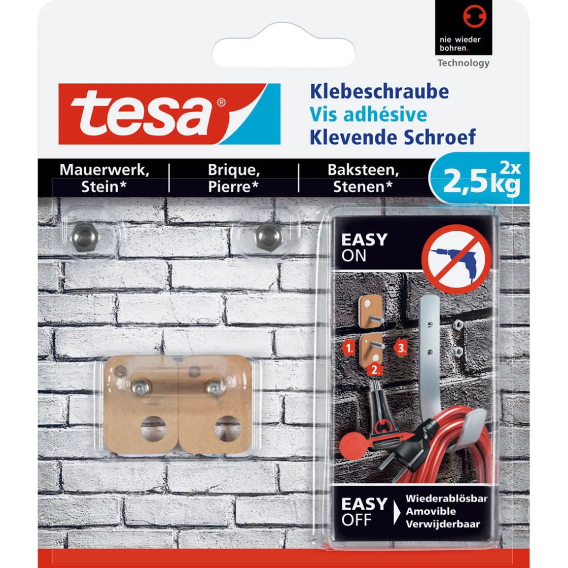 Klebeschraube für Mauerwerk viereckig 2 Stück Traglast 2 x 2,5 kg ^ Tesa Clearance