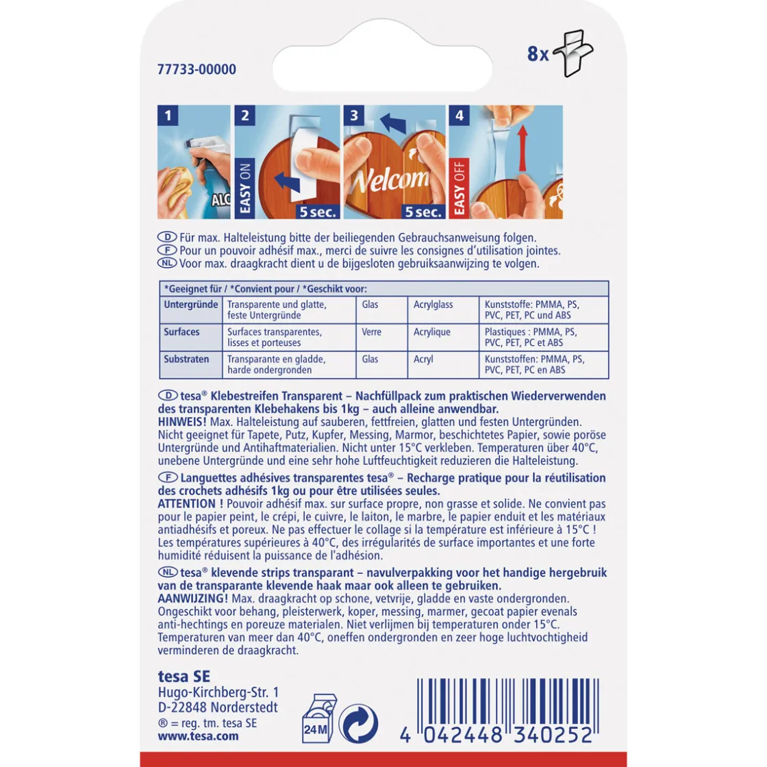 Klebestreifen transparent Glas 8 Stück Traglast 8 x 1 Kg ^ Tesa New