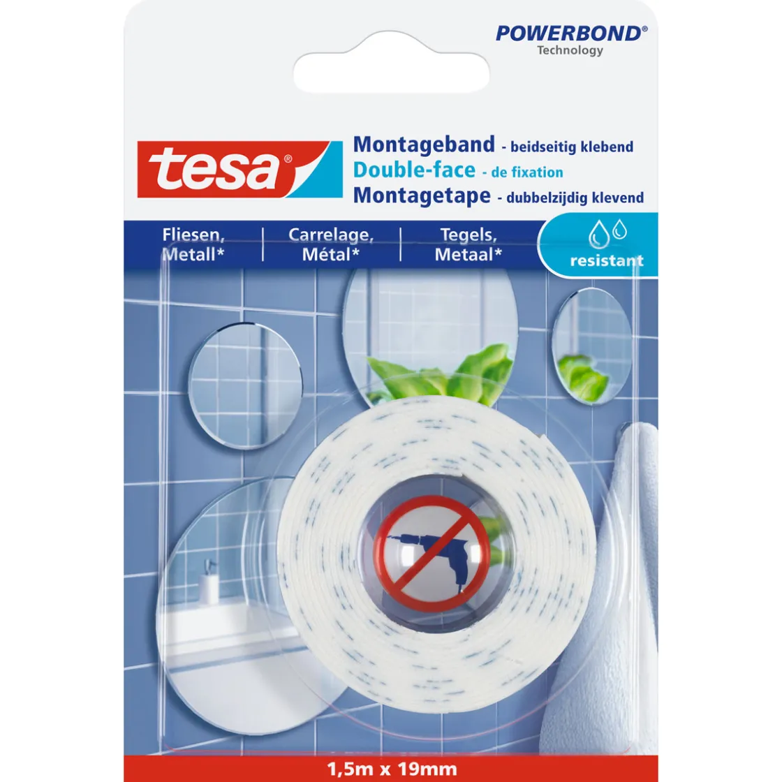 Montageband für Fliesen 1,5 m x 19 mm feuchtraumbeständig ^ Tesa Clearance