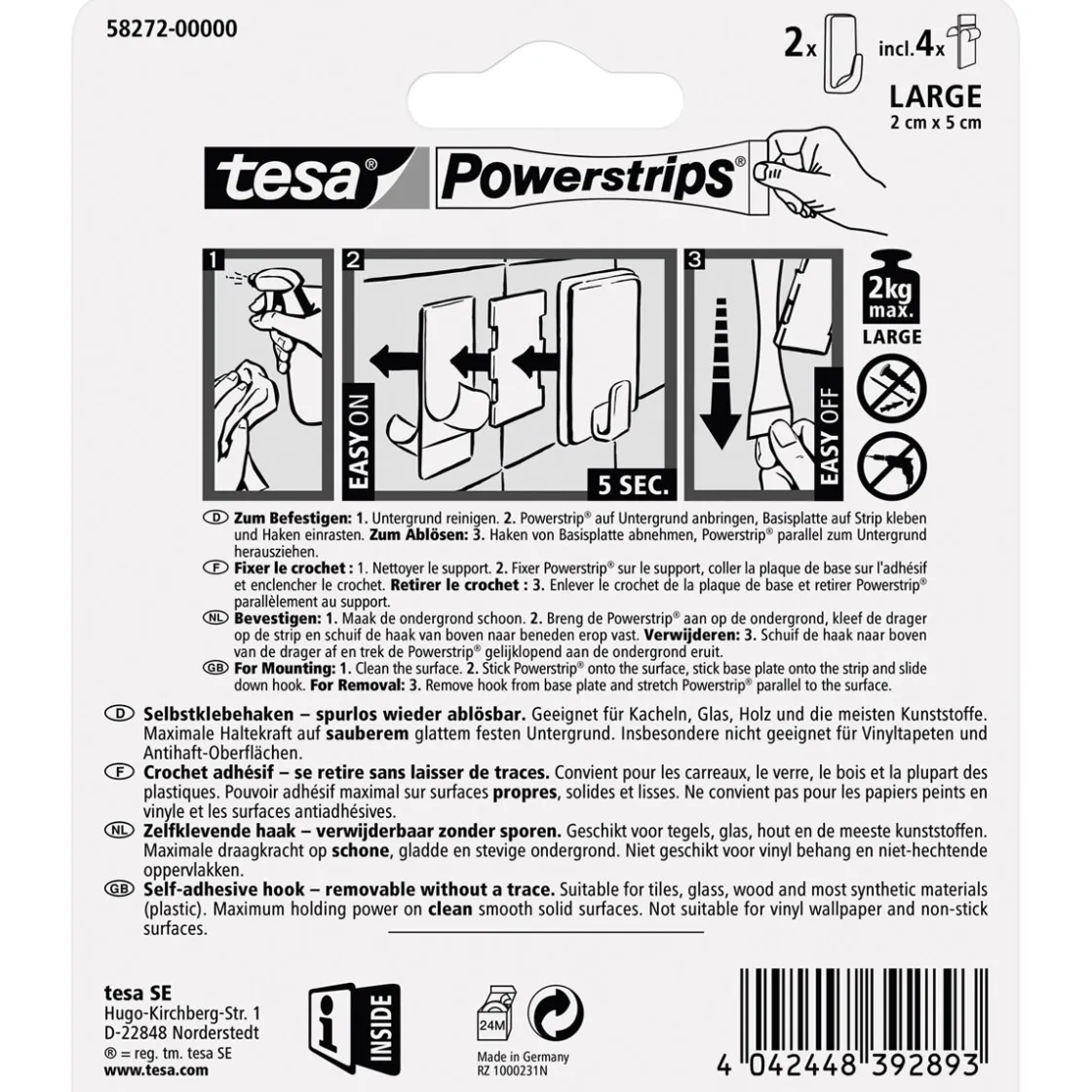 Powerstrips Haken Large rechteckig weiß ^ Tesa Hot