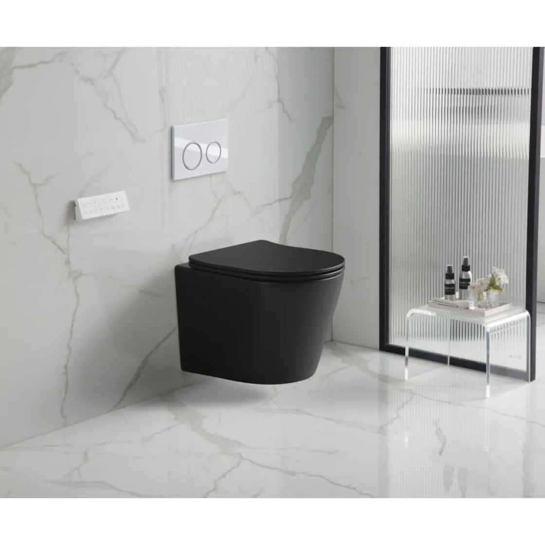 Wand-WC-Set Nakia mattschwarz spuelrand-los inkl. Deckel m. Absenkautomatik ^ sanicomfort Outlet