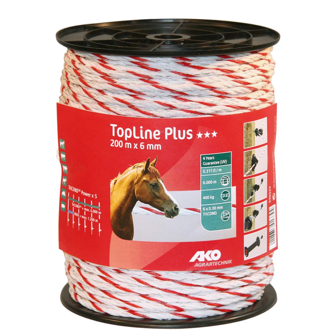 Weidezaunseil TopLine Plus 200 m Durchmesser 6 mm weiß-rot ^ New