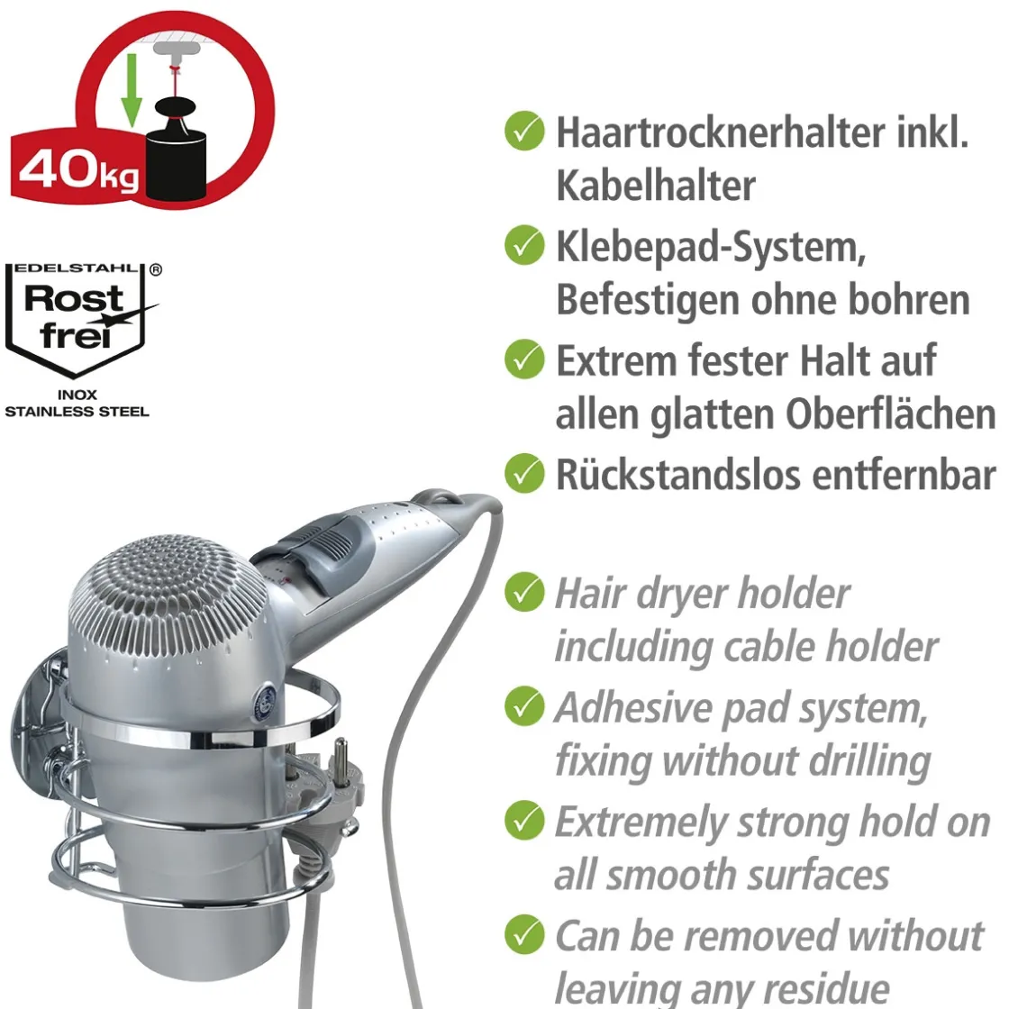 Haartrocknerhalter Edelstahl Befestigen ohne bohren Turbo-Loc ^ Wenko Best