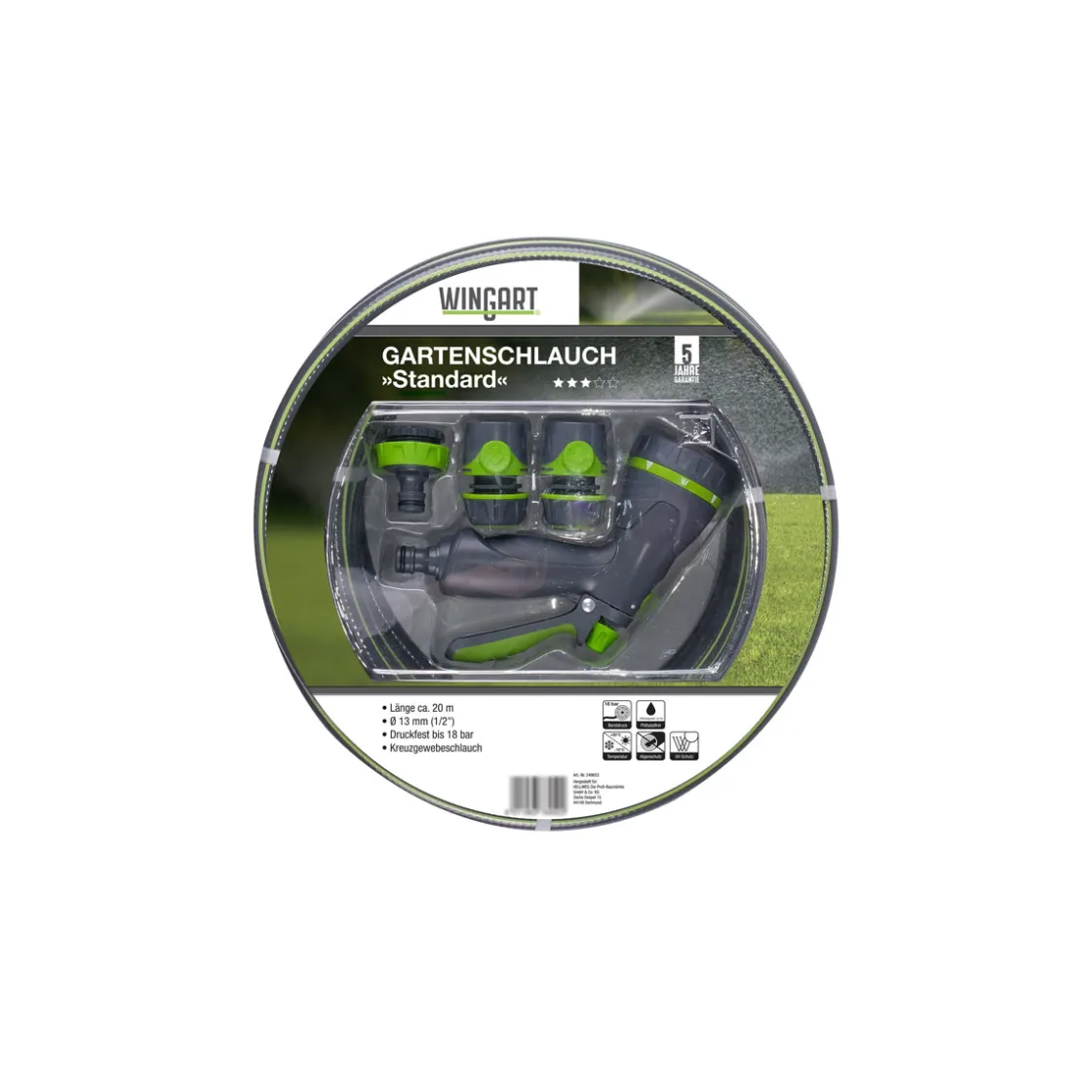 Gartenschlauch Standard grau mit grünen Streifen 1/2" 20 m mit Anschlüssen ^ Wingart Discount